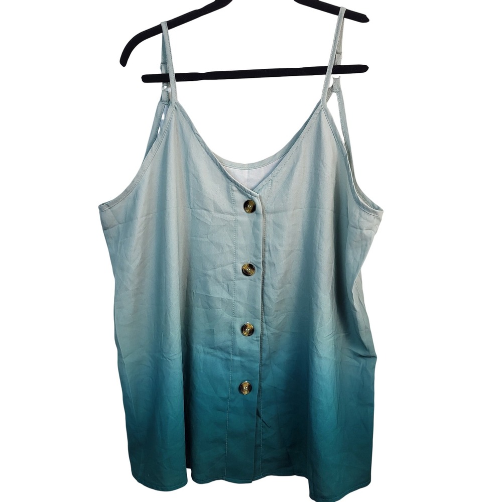 Womens XL Teal Ombre Tank Top Button Front Adjustable Straps Flowy Cami Blouse